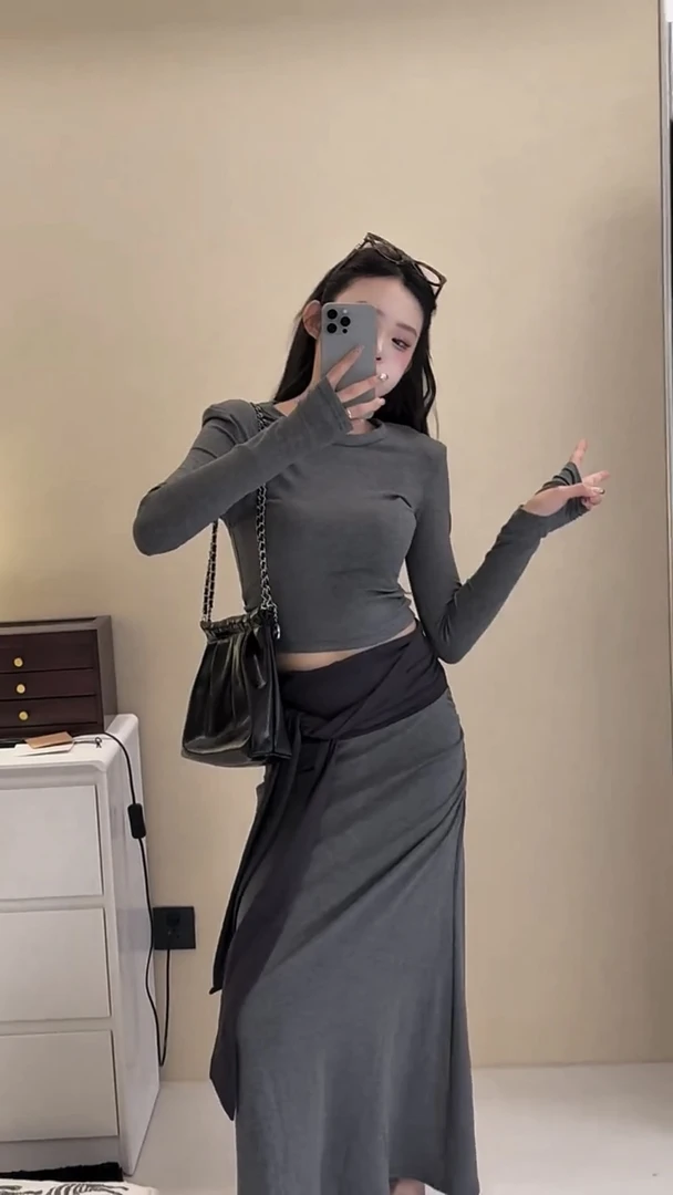 时尚休闲套装女春装设计感圆领修身长袖T恤绑带高腰半身裙两件套