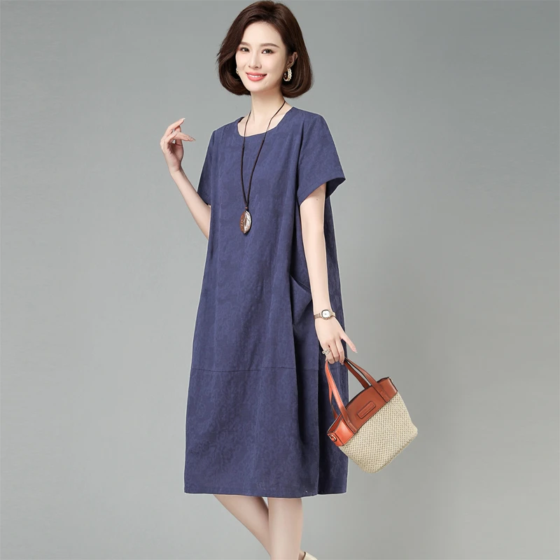 纯棉连衣裙女2025新款高端夏秋中年妈妈宽松显瘦气质洋气大码裙子