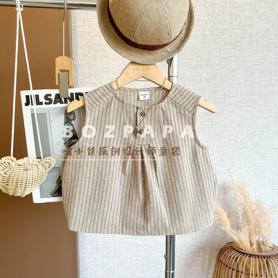 现货啵小爸【山妖拿铁】2025夏季男童韩系休闲条纹两粒扣马甲