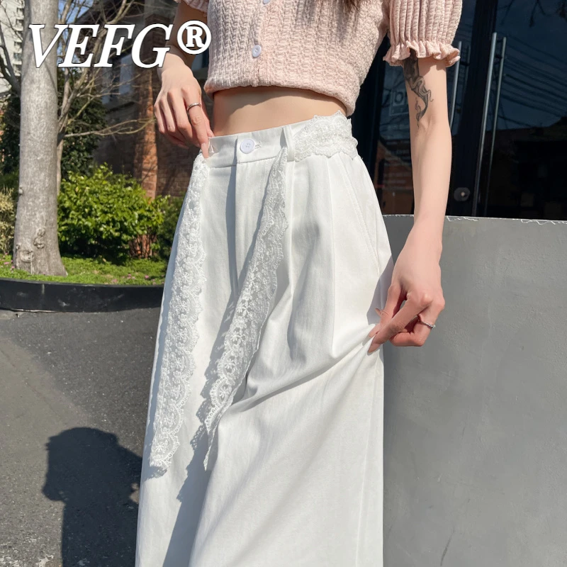 VEFG洗水棉冰丝阔腿裤女夏薄款小个子蕾丝系带高腰宽松直筒九分休