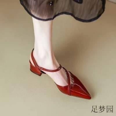 复古浅口百搭法式粗跟后空新款包头银色中跟镂空尖头凉鞋夏夏季