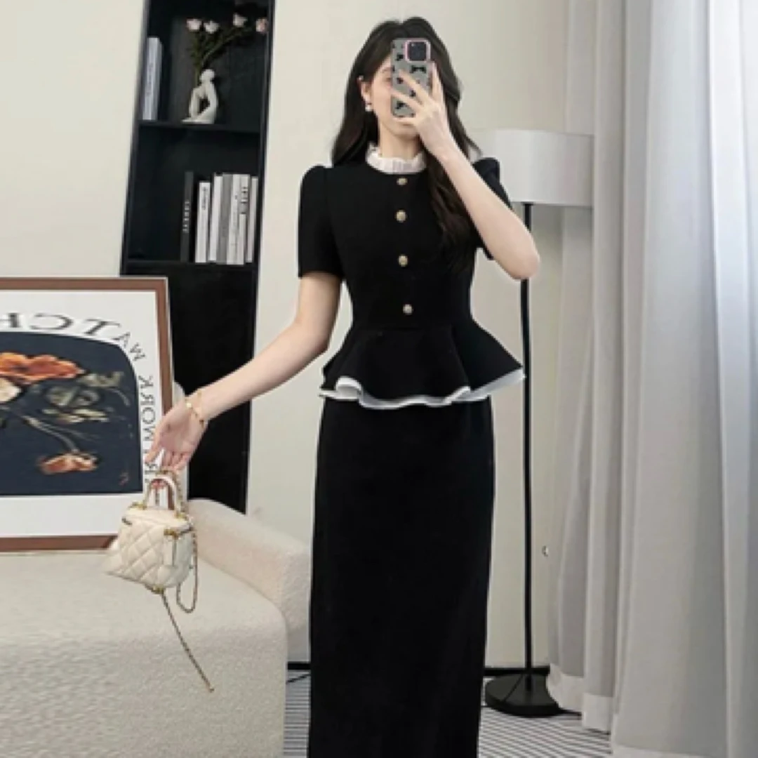 高级感法式小香风短袖上衣半身裙大码胖mm显瘦洋气小众气质两件套