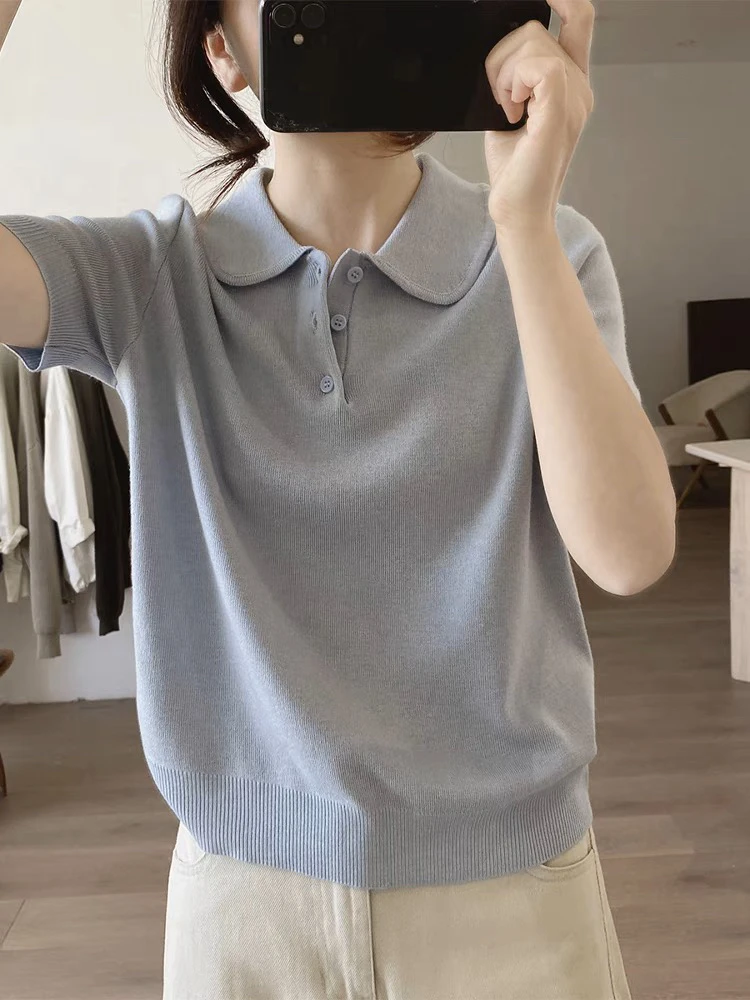 娃娃领针织衫女式春夏季新款简约小众设计感减龄短袖上衣