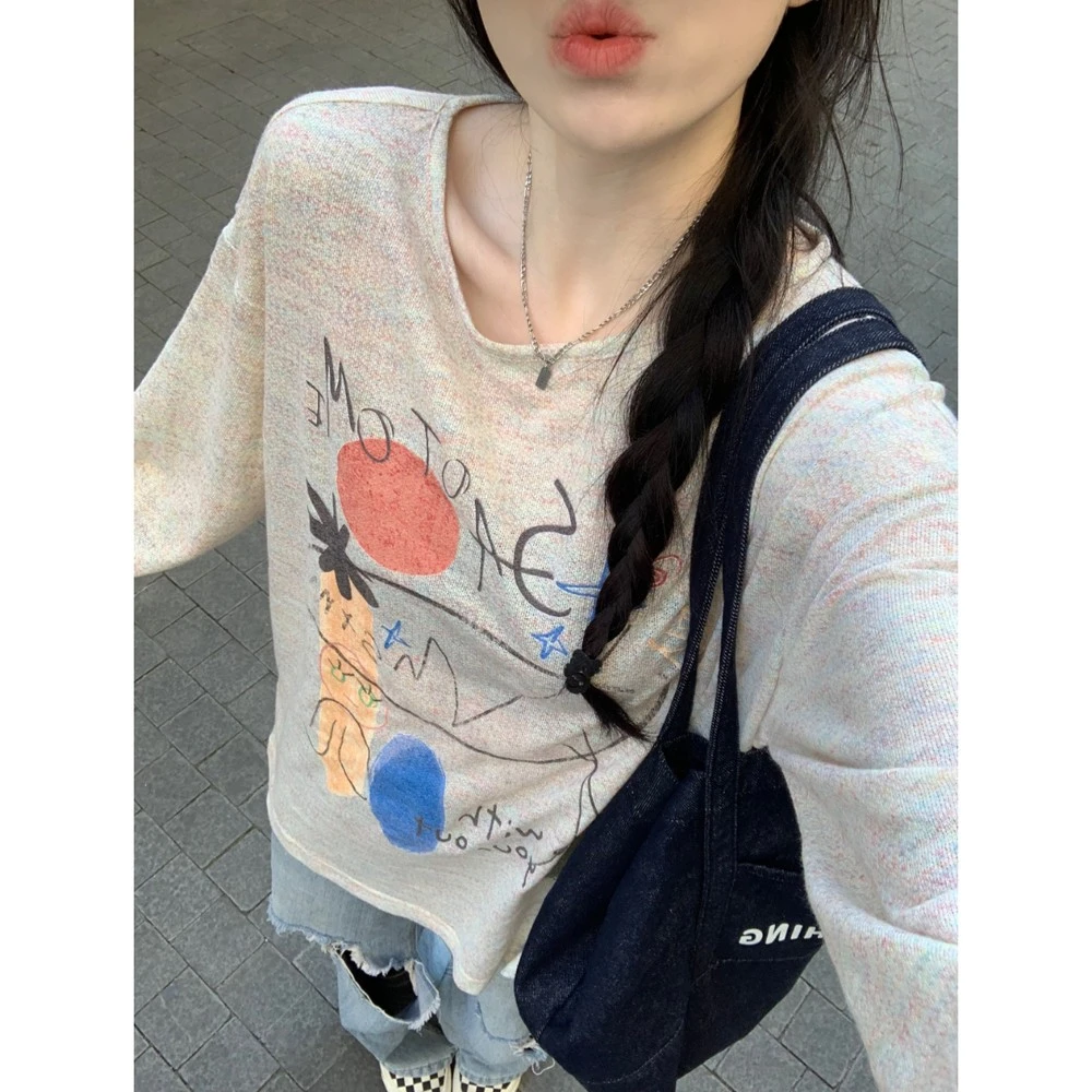 夏季新款纯欲风彩色涂鸦薄款长袖罩衫T恤NV 宽松休闲百搭印花上衣