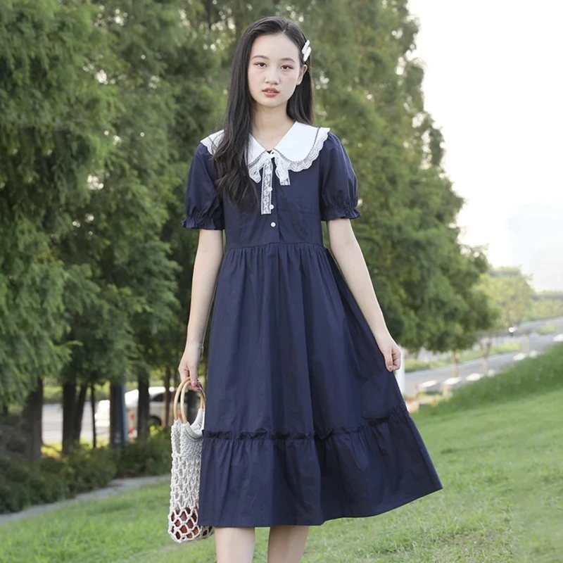 少女娃娃领连衣裙夏季高中初中学生夏装可爱甜美公主裙子过膝长裙