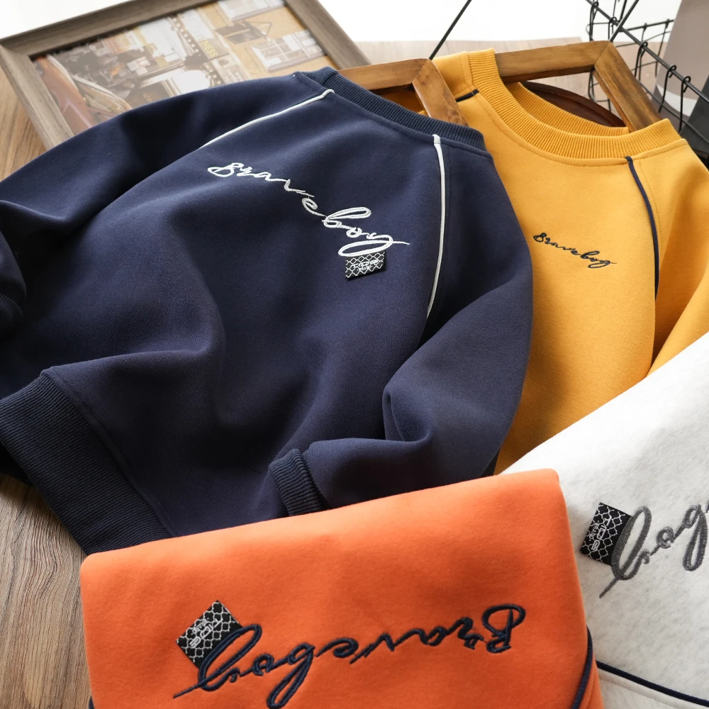 儿童春季新款拼接简约刺绣圆领卫衣中大童男童百搭上衣S888