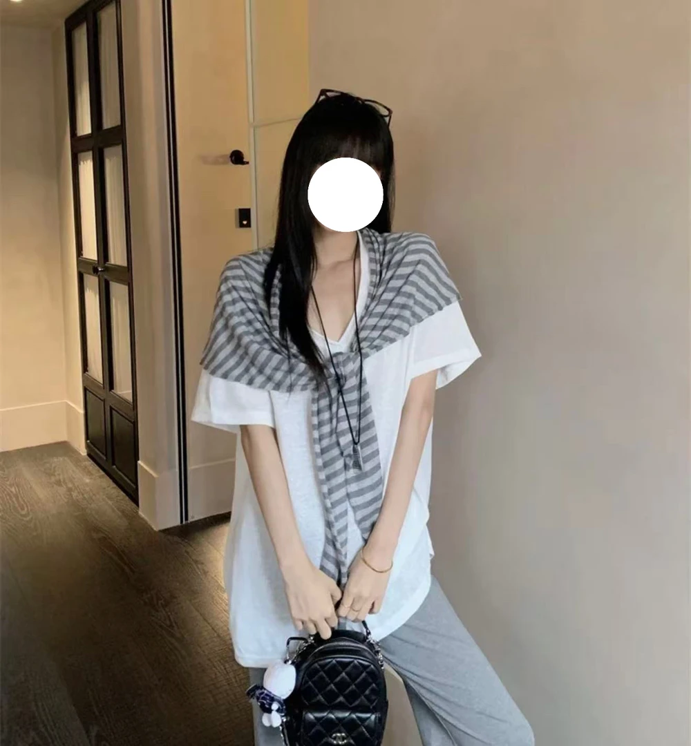 85097 （衣长74）韩系大版V领短袖T配披肩