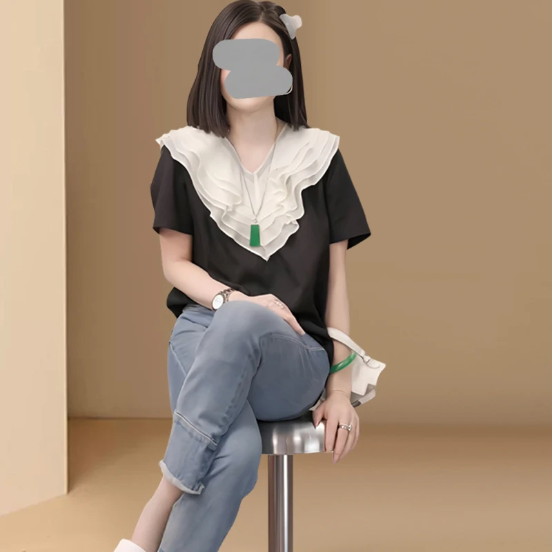 黑色V领t恤女短袖2025夏季新款时尚减龄宽松遮肉显瘦荷叶边上衣