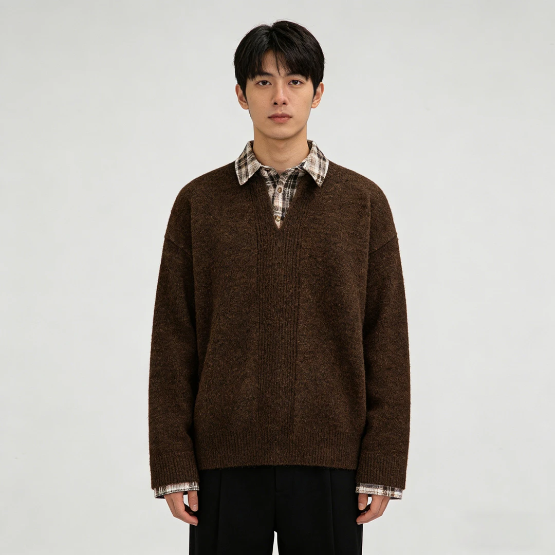 XSDWF男装高级感中性风拼格纹假两件毛衣针织衫男内搭潮