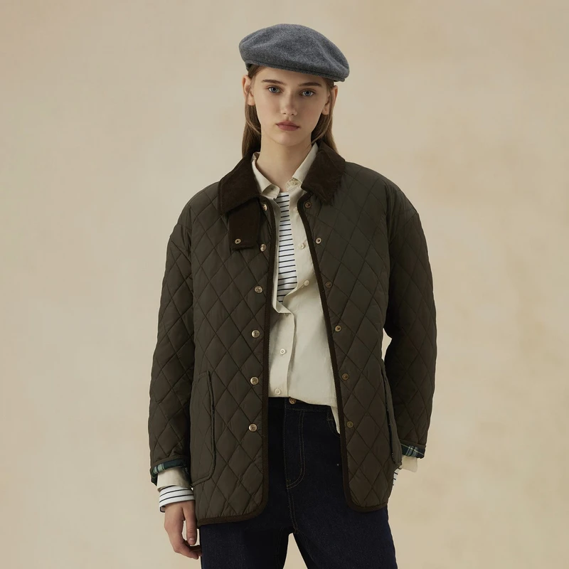 【女装优选WL】Eland衣恋棉服拼接灯芯绒翻领巧克力外套EEJPE4TM07