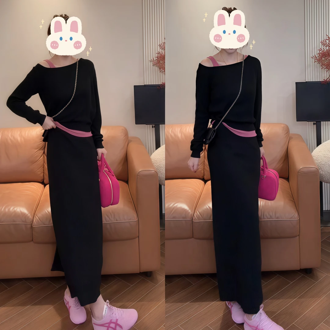 韩版两件套吊带背心+斜肩长袖上衣+双面后开叉中长半身裙BB50254