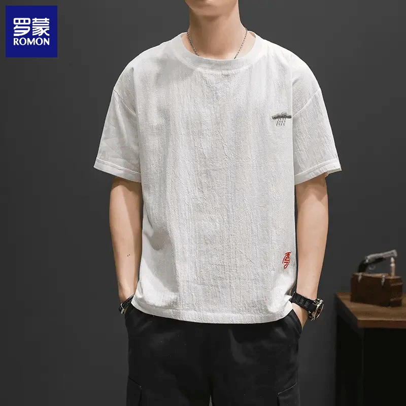罗蒙潮牌夏季亚麻男短袖中国风棉麻半袖宽松T恤上衣服打底衫男装