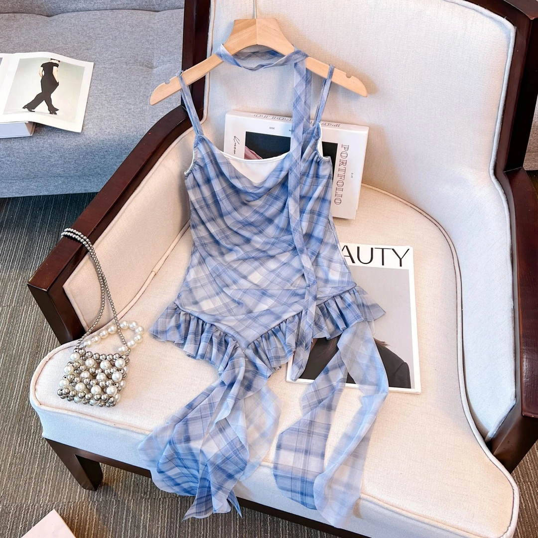 设计感荷叶边格子背心吊带女夏季新款甜辣妹百搭飘带无袖网纱上衣