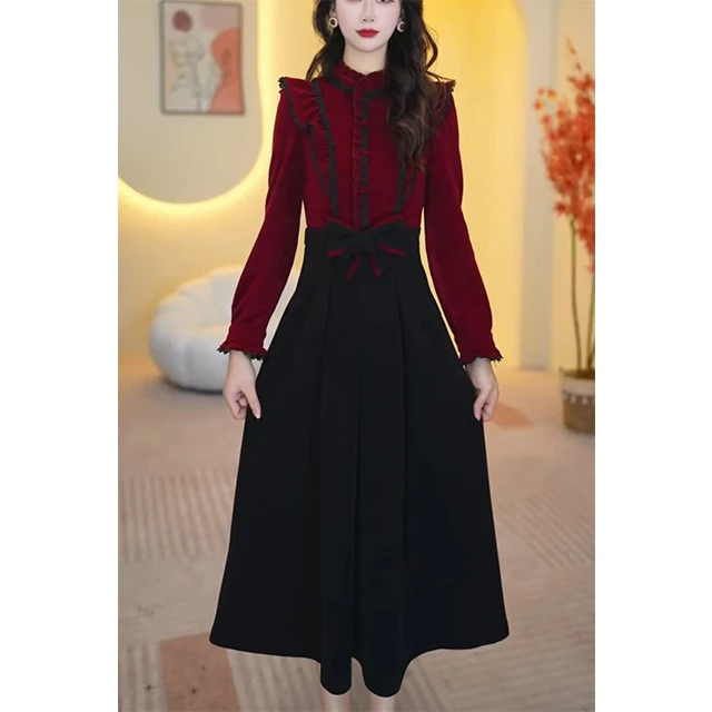 L7201红色中长款大码法式连衣裙气质收腰遮字气质显瘦连衣裙女