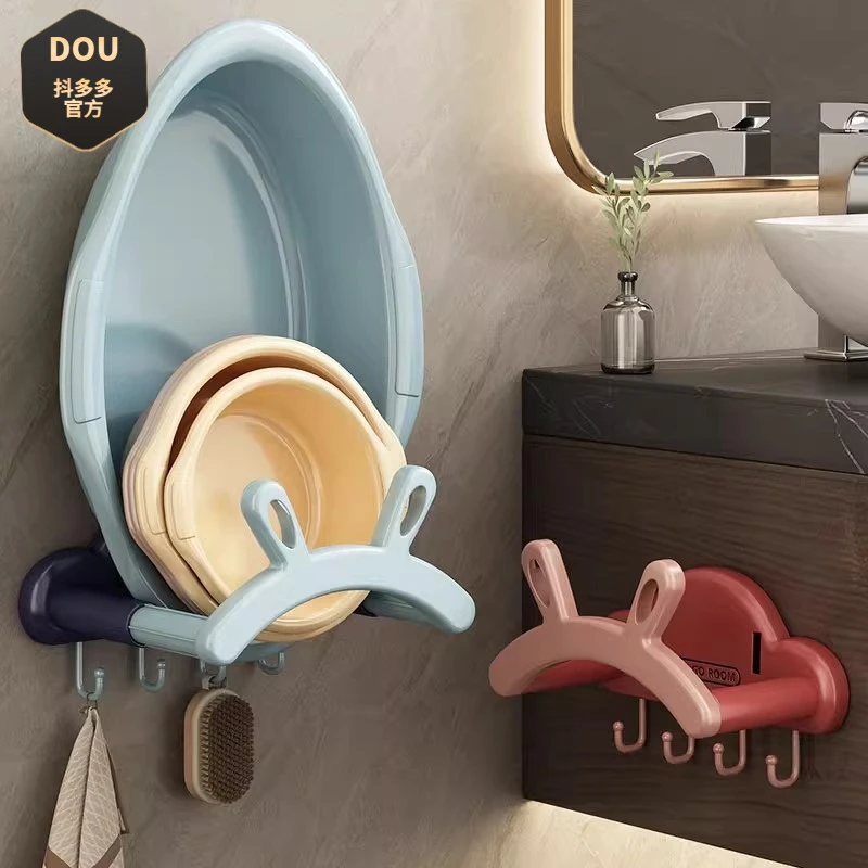可伸缩壁挂脸盆架卫生间免打孔置物架浴室厕所洗澡脚盆收纳架神器