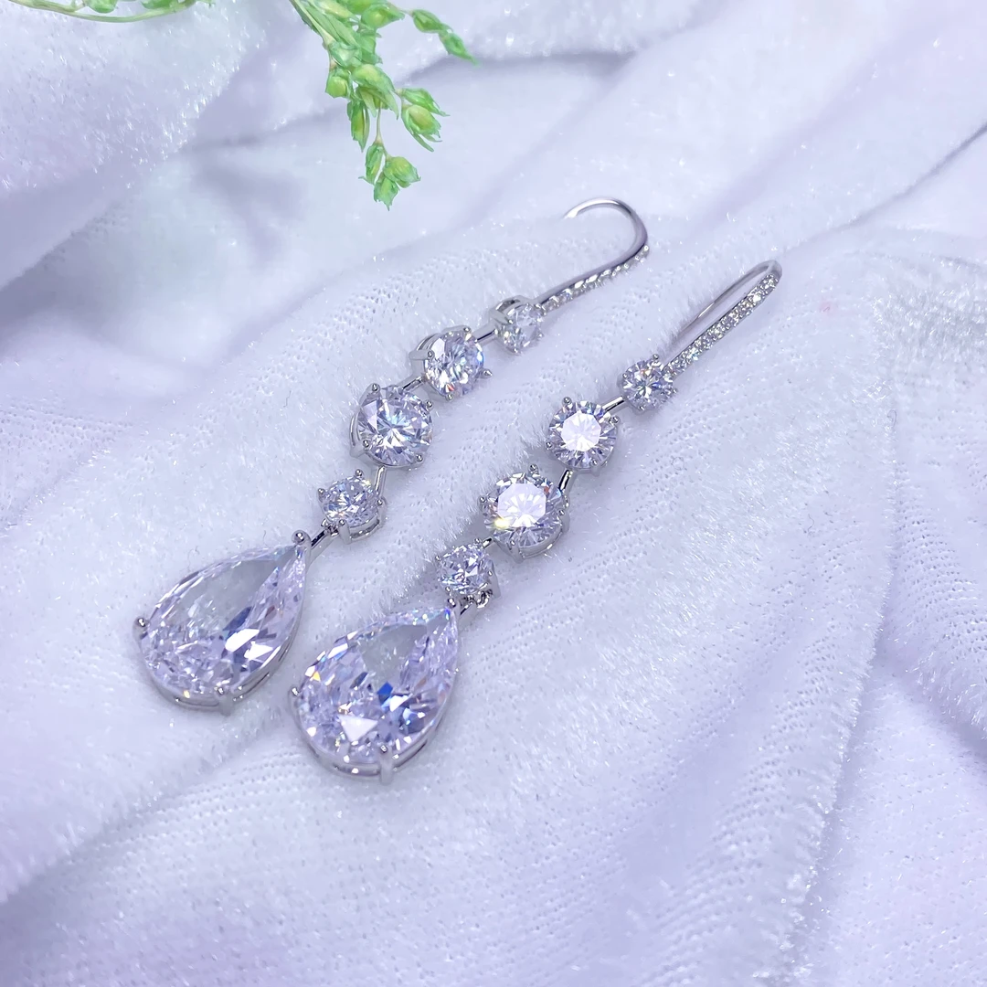 铜合金锆石耳饰 474气质轻奢简约百搭精致长款镶嵌高碳钻耳勾