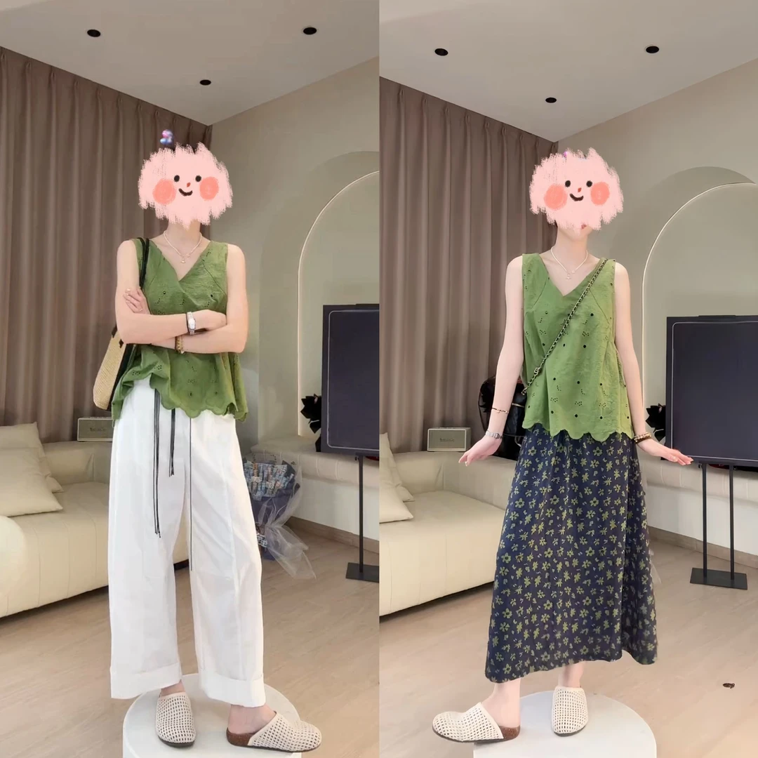 2025夏季韩版时尚百搭显瘦镂空刺绣无袖背心印花半身裙阔腿裤套装