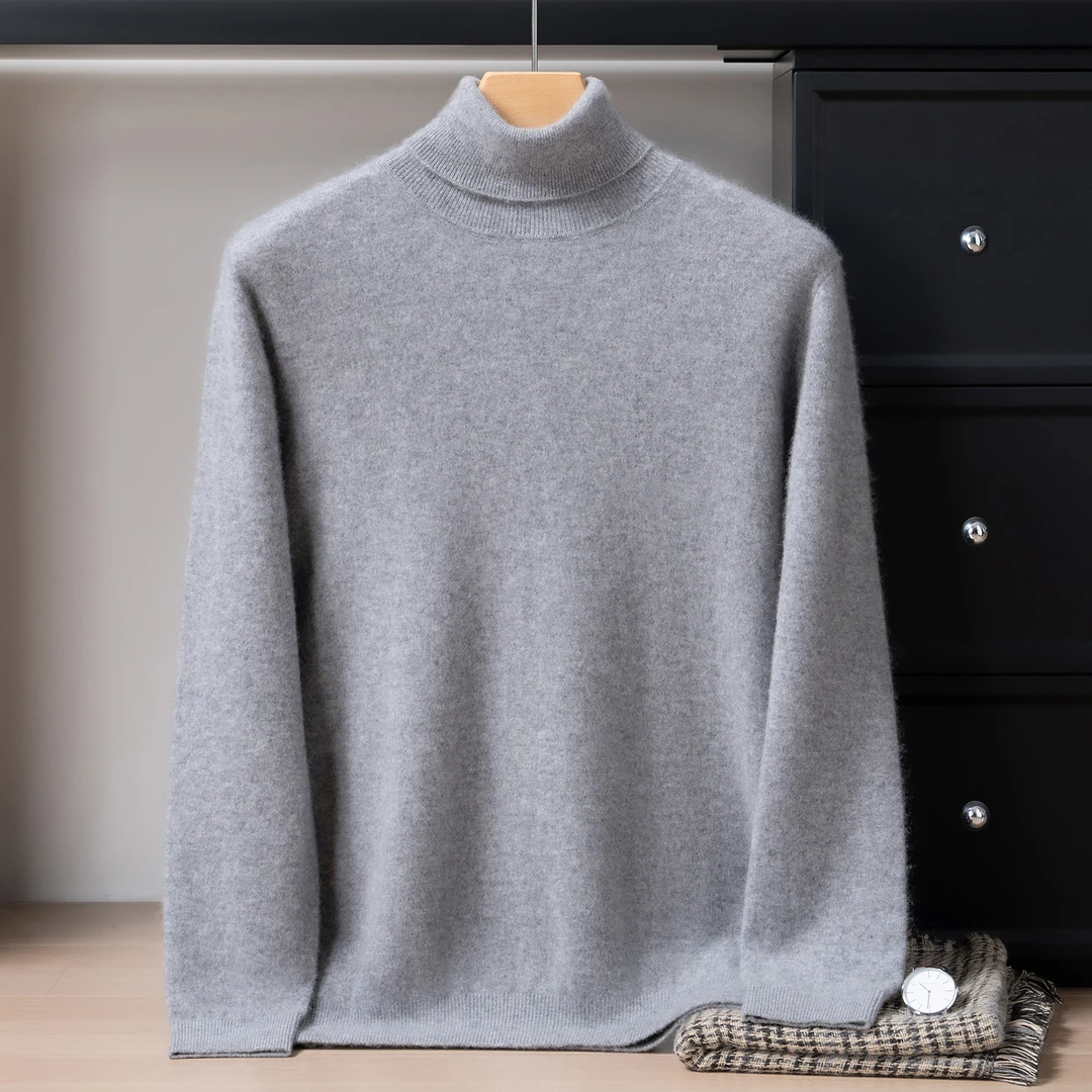 高翻领羊绒衫男100%纯山羊绒秋冬内搭羊毛打底衫针织宽松套头毛衣