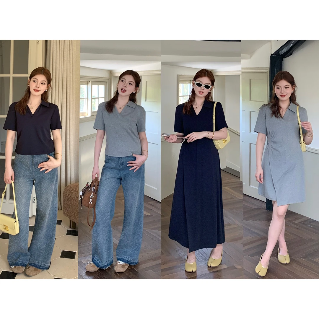 李潇洒【具象美貌】微胖大码女夏polo领T恤+长短款连衣裙ZY504A08