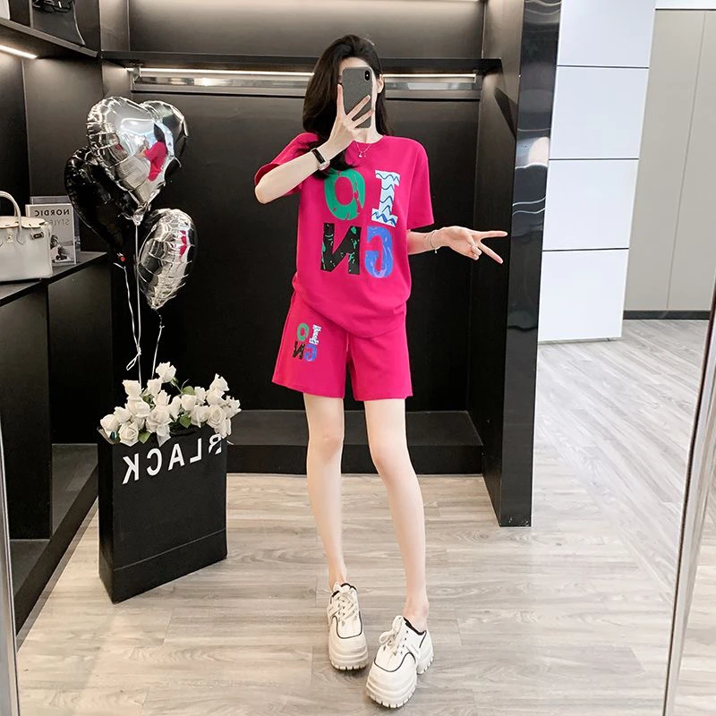 时尚两件套洋气休闲宽松夏季短袖短裤印花大码爆款小众可爱套装