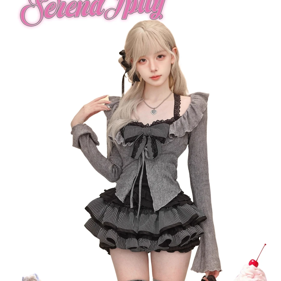 【轻哥特】暮色歌集春季套装黑色蕾丝吊带+灰色针织开衫+短款半裙