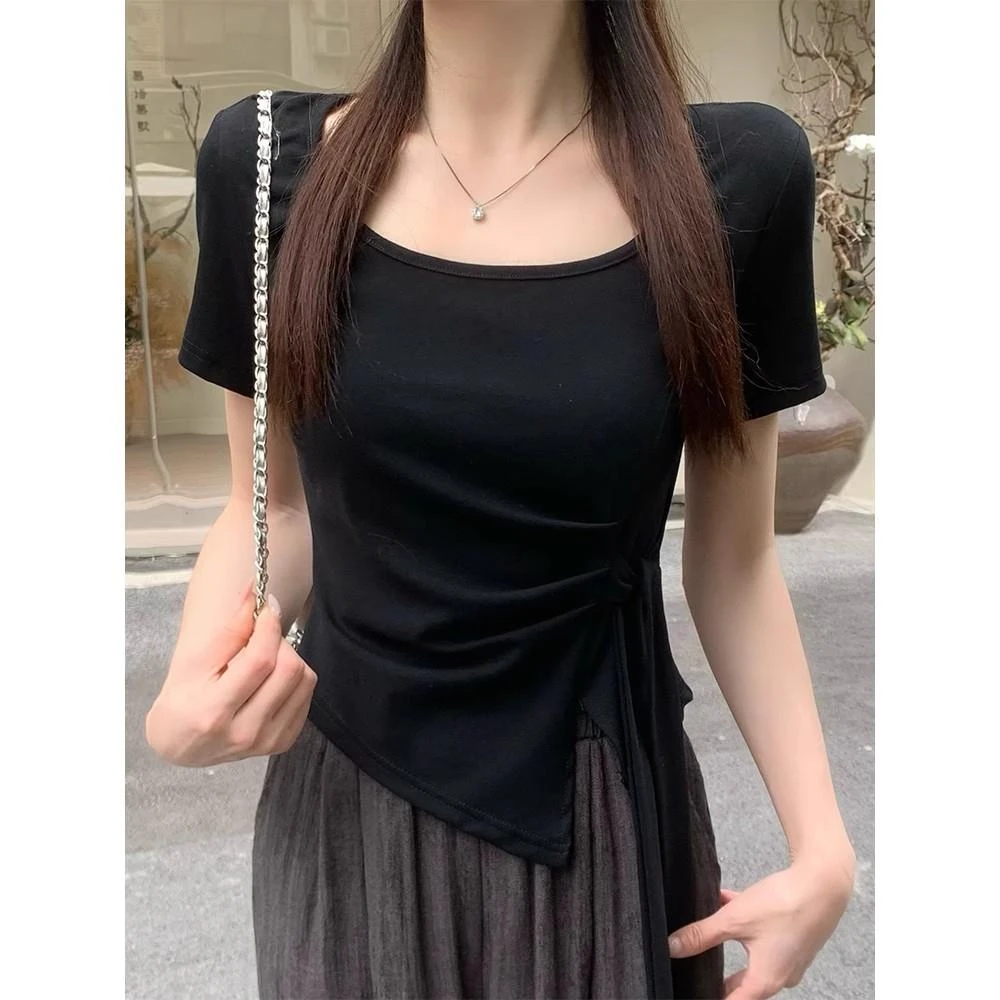 大码方领不规则正肩短袖女t恤夏2025新款胖mm显瘦设计感绑带上衣