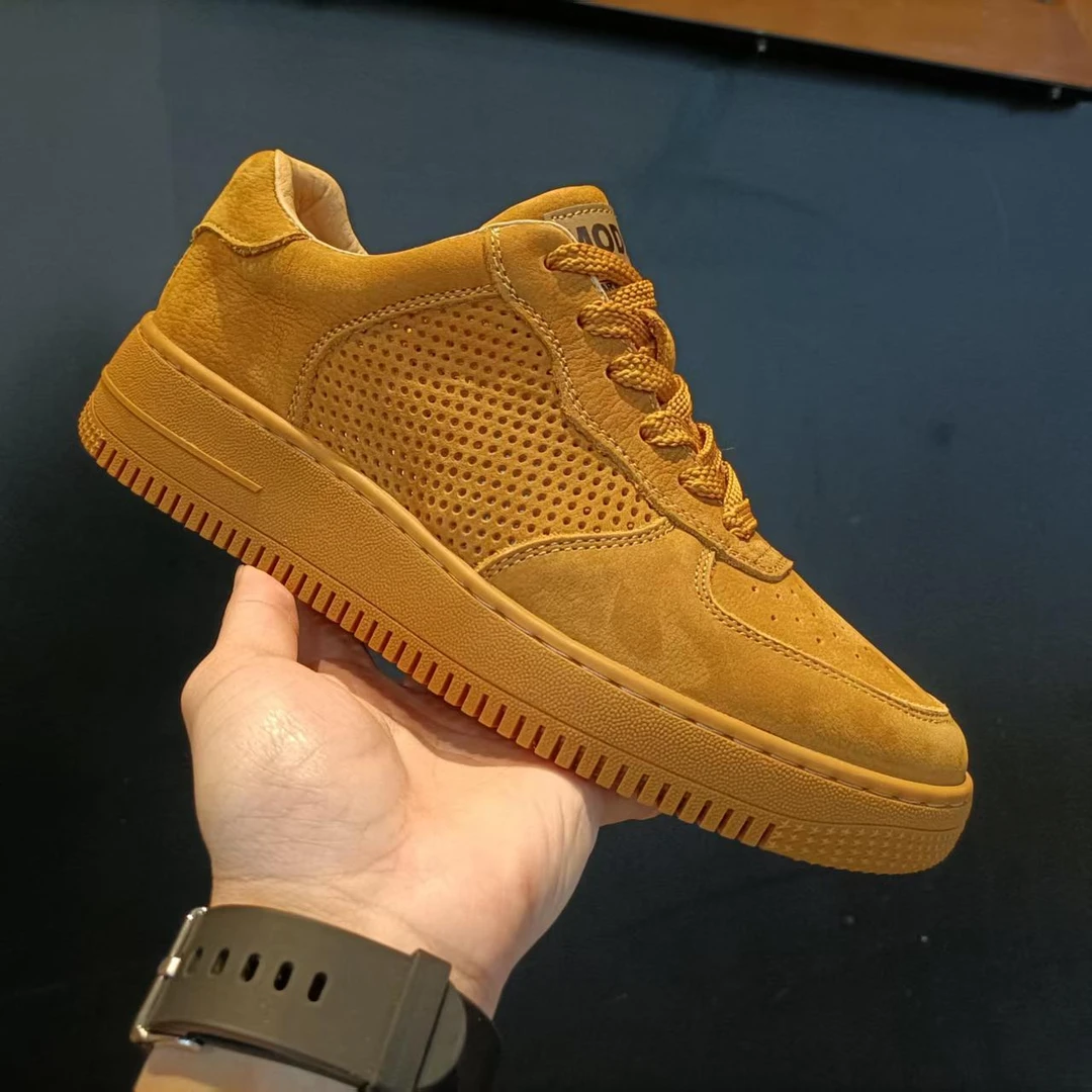 头层牛皮板鞋小麦色男鞋新款透气复古空军一号休闲鞋潮流百搭运动