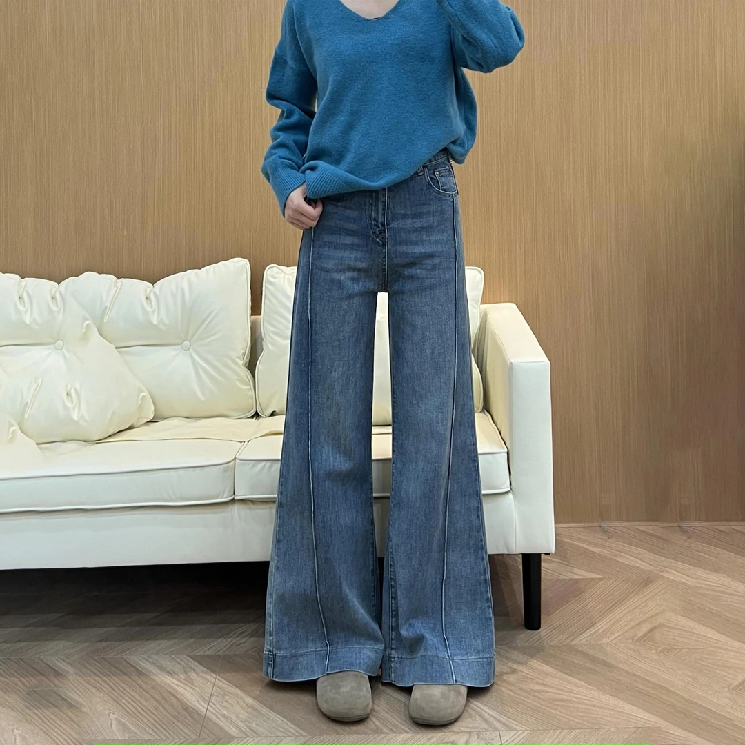 新款微喇牛仔裤女高腰显瘦宽松垂感大码女孩胖mm阔腿拖地喇叭裤子