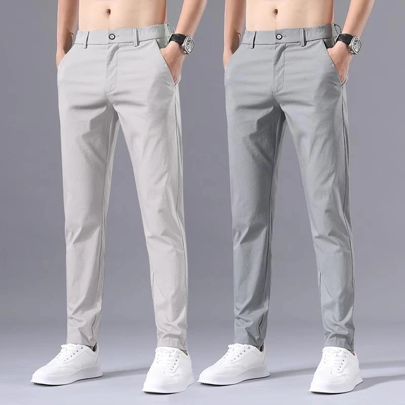 意大利高端冰丝男裤夏季薄款休闲裤男修身长裤弹力浅色九分裤子男