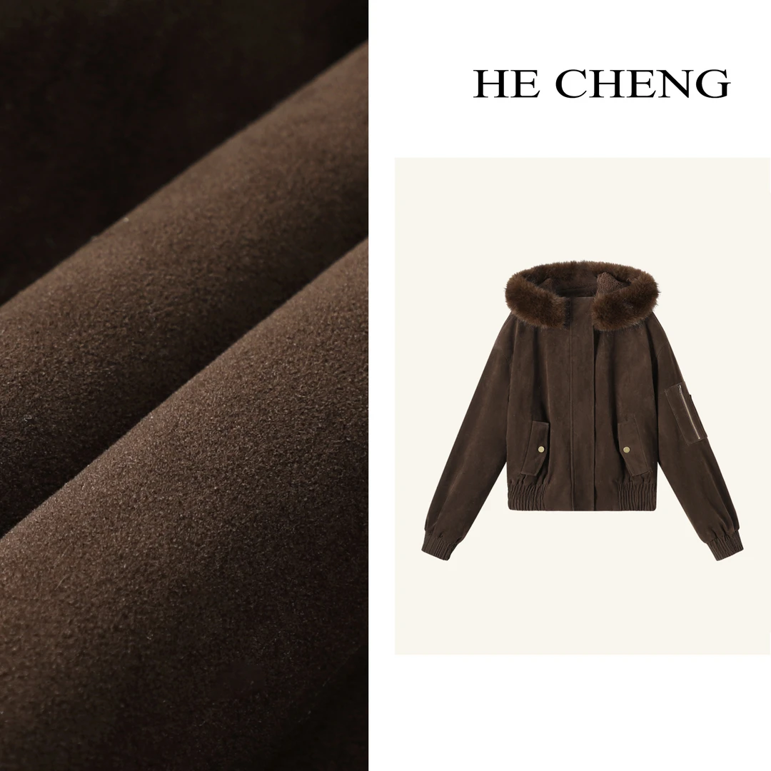 可拆卸毛领连帽加绒加厚外套冬季短款修身毛圈厚外套10045