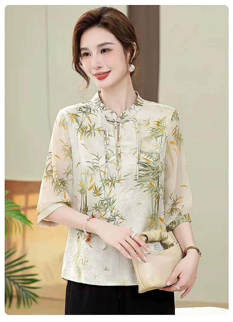 70077-2【墨竹丹青】纽扣字母碎花时尚中老年女装小衫宽松印花成熟