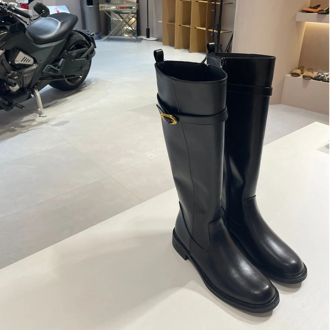 牛皮版~不过膝长靴圆头复古皮带扣骑士靴女侧拉链显瘦气质高筒靴