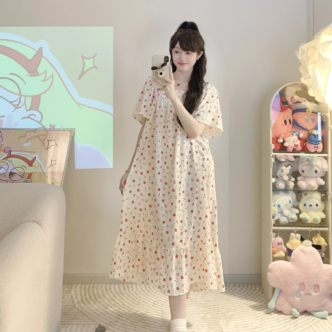 大码韩版甜美小清新夏季睡裙中长款睡裙法式时尚轻薄透气宽松睡裙