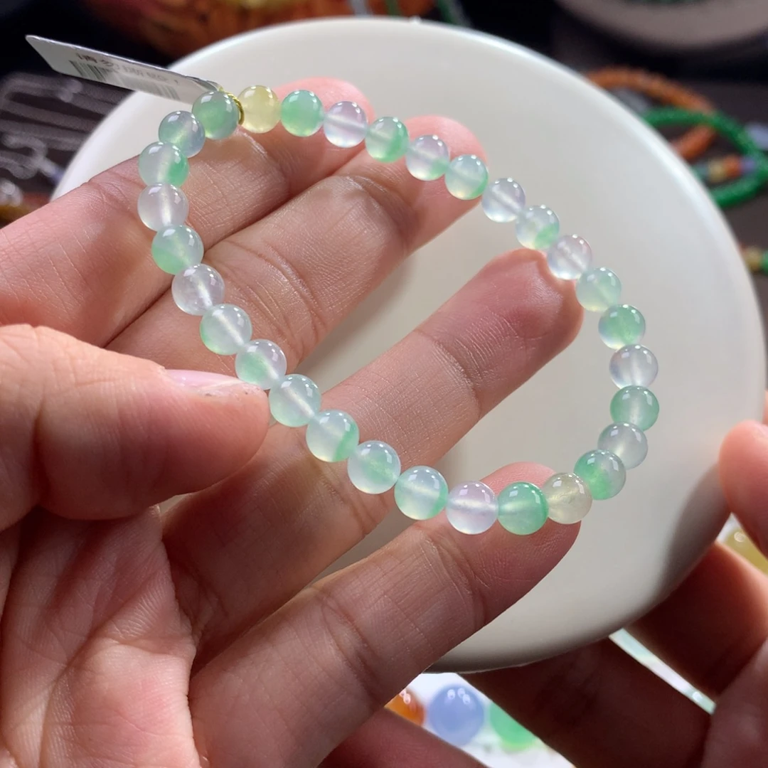 翡翠未镶嵌手链仙气飘飘 白冰飘金丝绿单圈 卡6