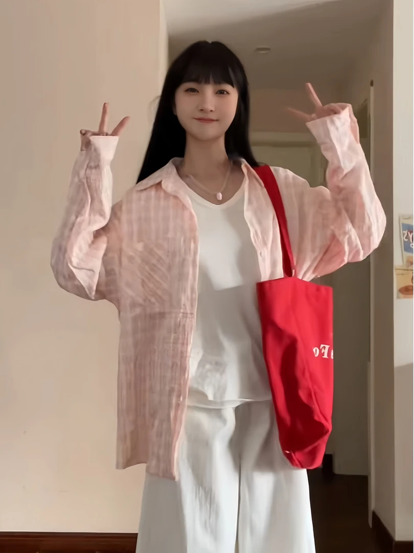 粉色格子衬衫女夏季慵懒风透气时尚宽松显瘦衬衣百搭长袖防晒上衣