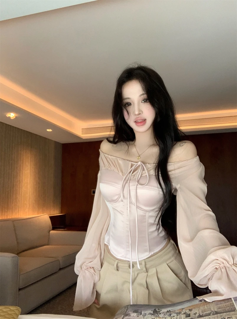 纯欲雪纺拼接鱼骨胸衣长袖背心女2025早秋一字肩抹胸显瘦短款上衣