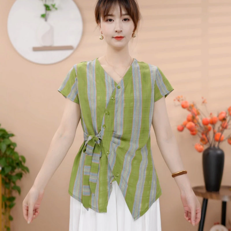 夏季新款休闲洋气短袖气质百搭V领显瘦开衫扣上衣小衫