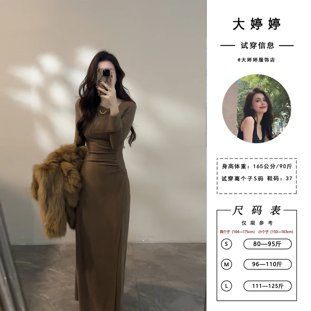 【大婷婷】秋冬新款加绒加厚长袖裙子时尚显瘦腰部褶皱连衣裙DT1721