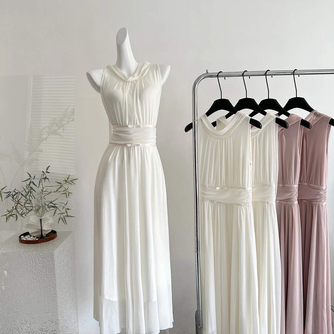 从一时刻志玲姐姐高级弹力网纱连衣裙蝴蝶结收腰飘带温柔长裙