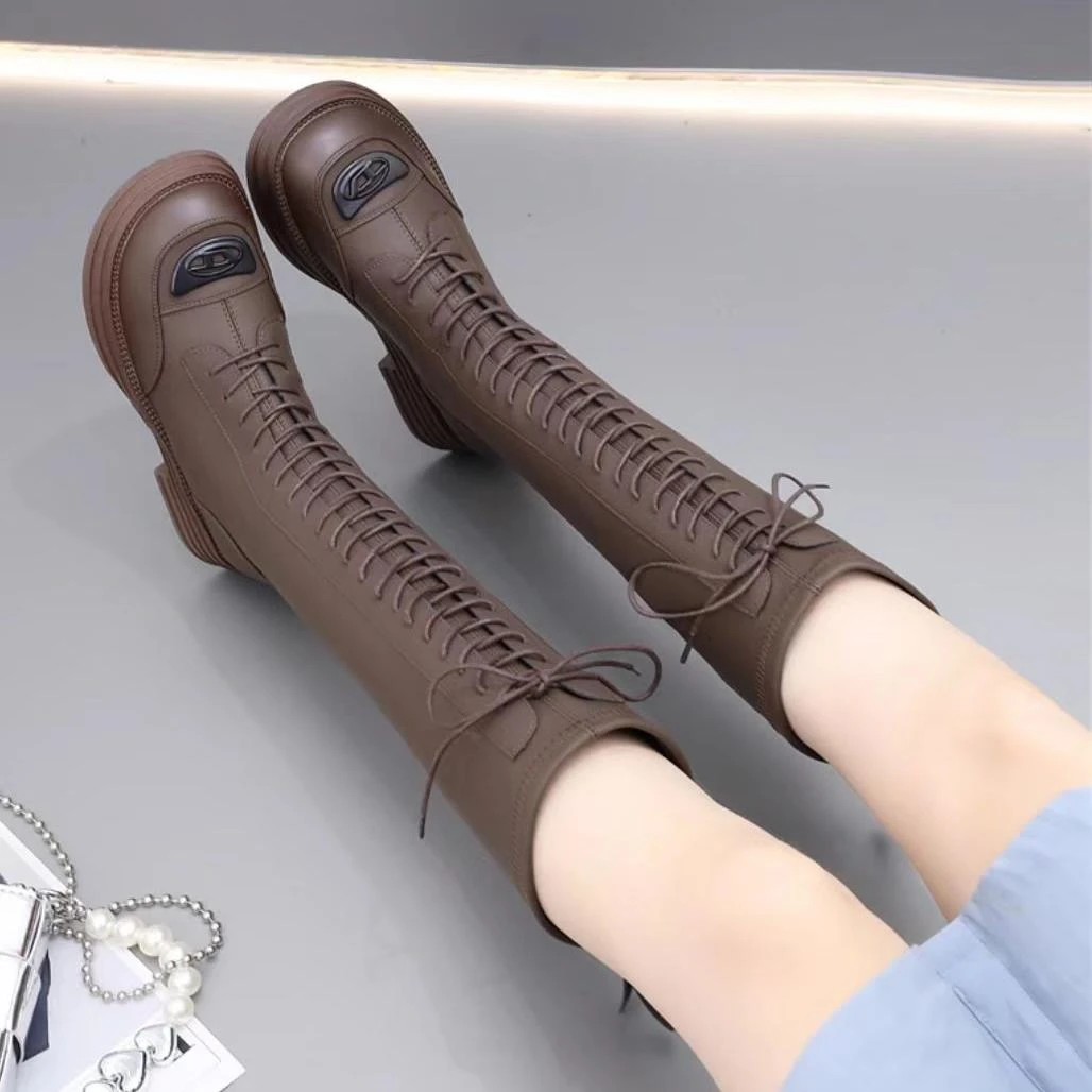 软皮厚底长筒靴女新款秋冬爆款系带显瘦小个子高筒骑士靴181-1M