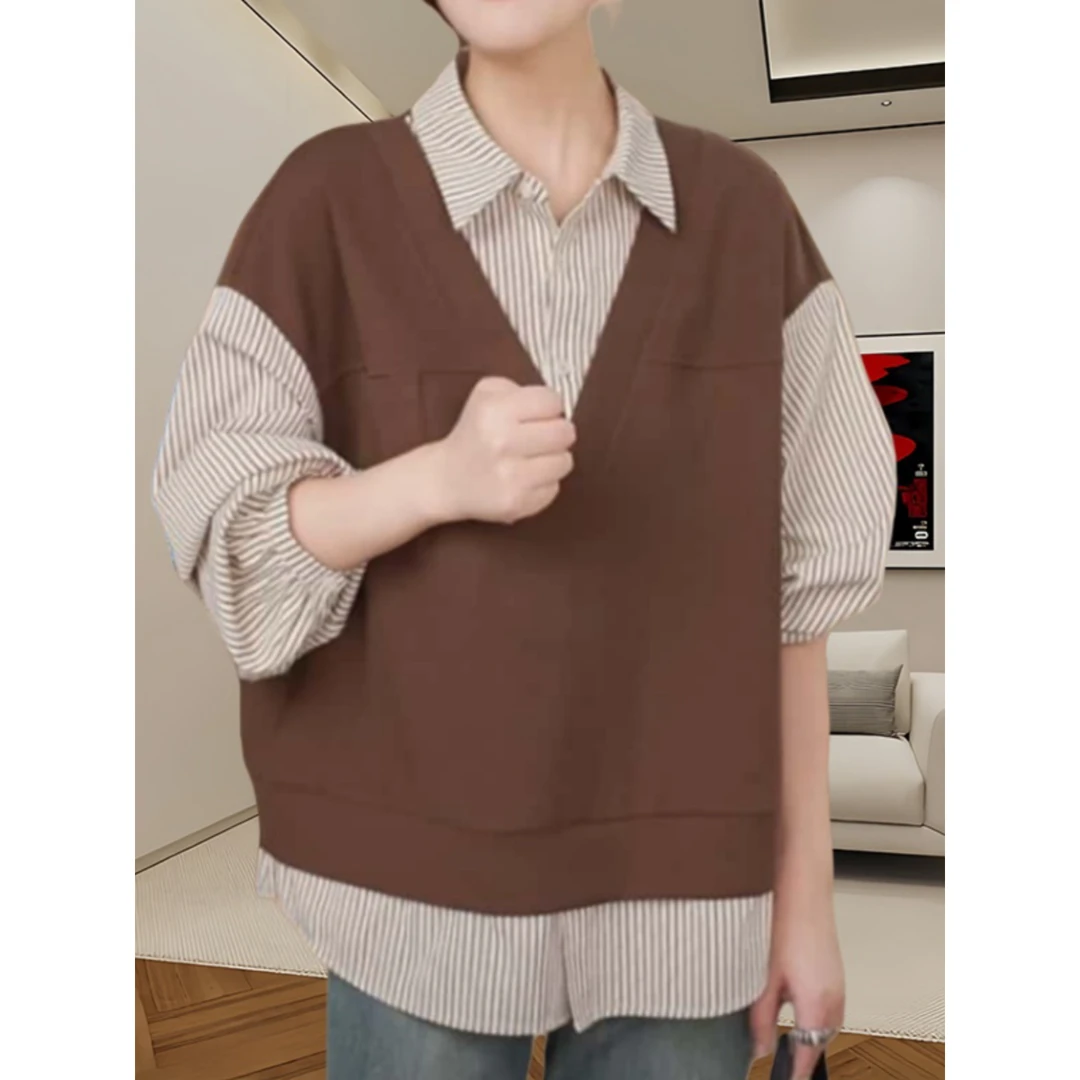 时尚翻领撞色假两件条纹衬衫女2024秋季宽松显瘦休闲百搭长袖上衣