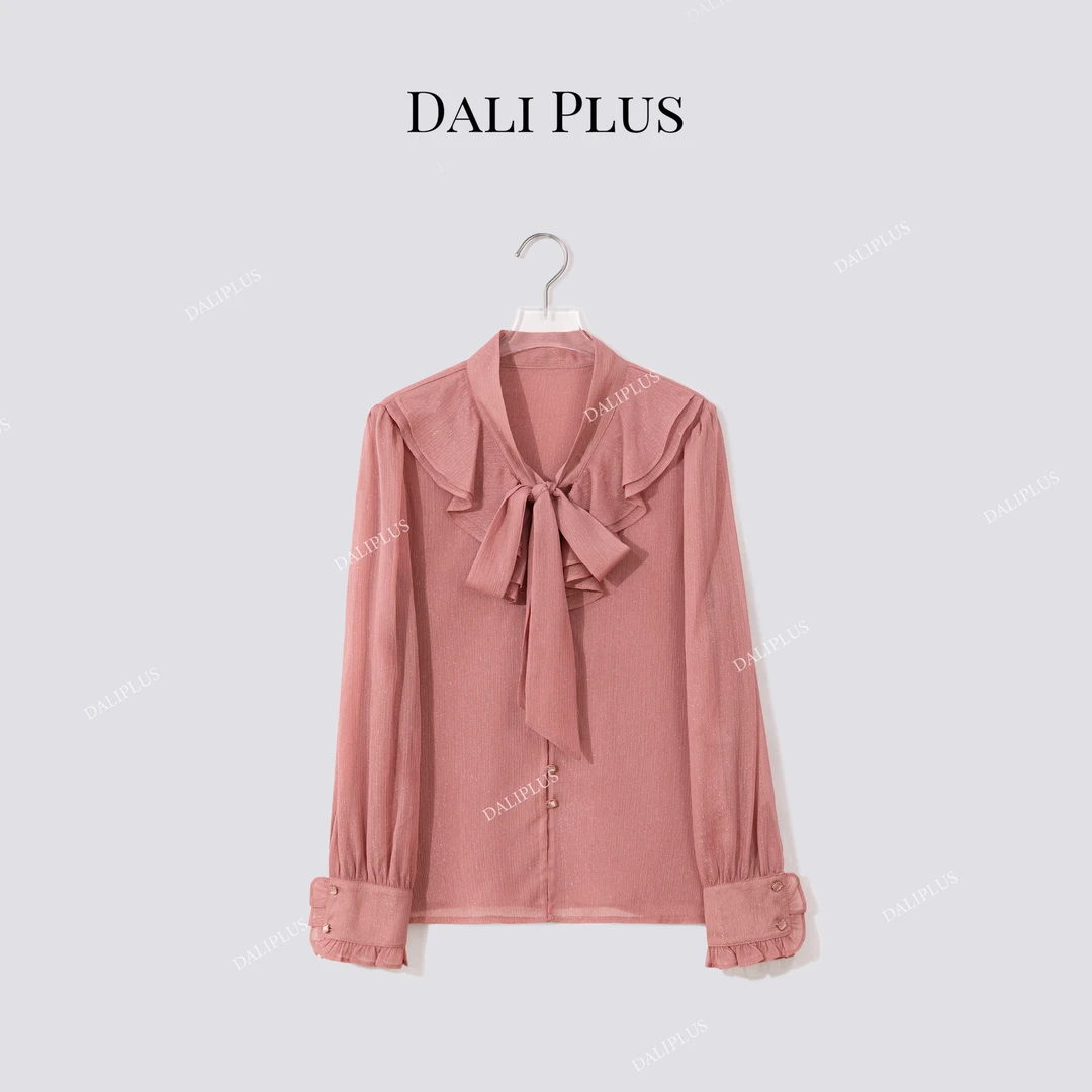 DALI PLUS“芭乐粉衬衫流光细闪衬衫”荷叶边长袖衬衫-D5SS7222-1