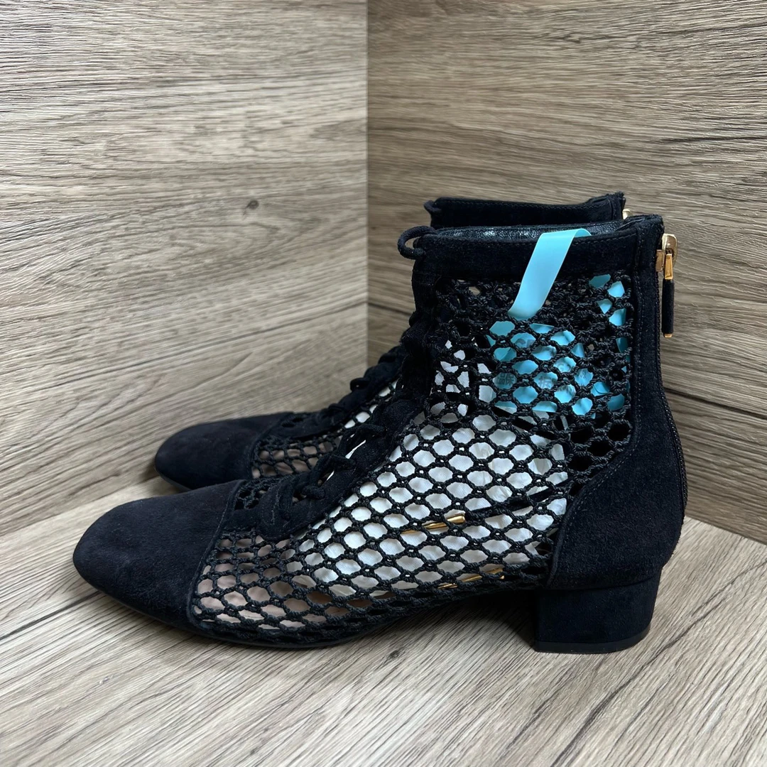 95新 DIOR/迪奥 黑色丝绒镂空拉链马丁短靴 35.5码