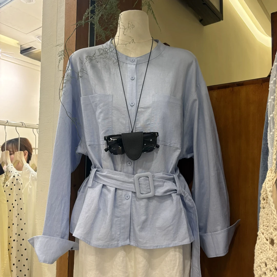 原版高定苎麻气质圆领衬衫女春季长袖休闲收腰宽松显瘦配腰带