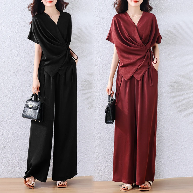 2夏季新款套装大码女装时尚减龄醋酸缎显瘦阔腿9分裤两件套