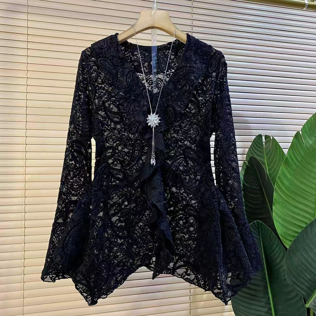 J胖mm欧货时尚新款荷叶领法式设计款蕾丝显瘦女人衫