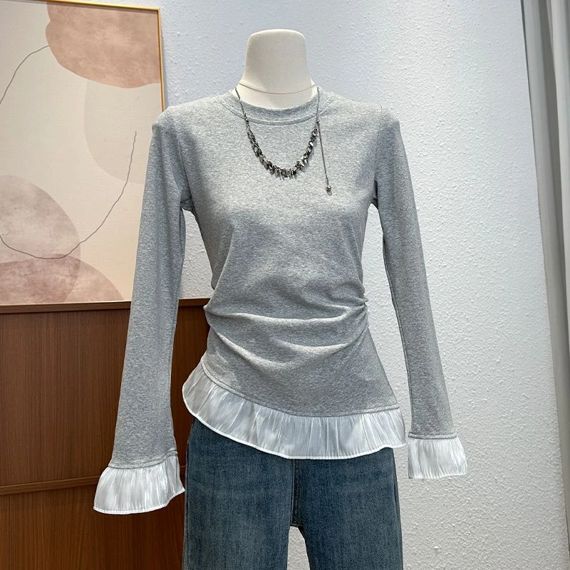 设计感显瘦长袖T恤秋季高领气质时尚圆领褶皱纯色荷叶边拼接针织