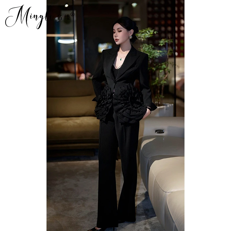 欧美风时尚设计感立体大盘花朵气质女总裁套装职业高级感潮两件套