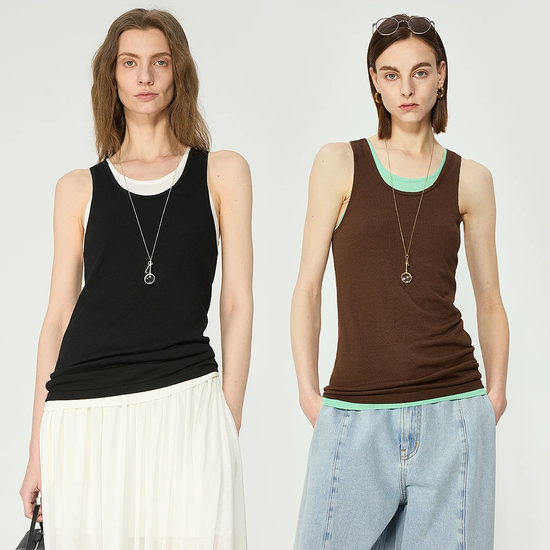 开间/刚需B囤 苣轻薄舒爽三醋酸棉感弹力显瘦拼色两件式针织背心