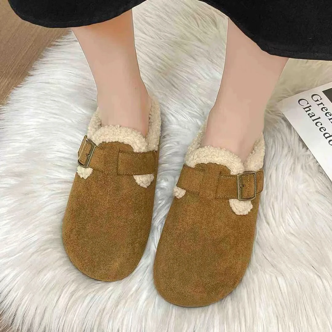 厚底增高加绒勃肯鞋包头半拖鞋女外穿2025新款冬季懒人毛毛棉拖鞋